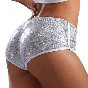 FEOYA Women's Silver Sparkly Sequin Booty Shorts, Low Rise, Size L,
